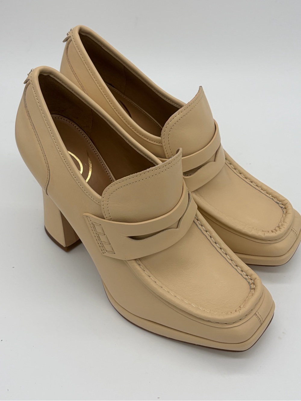 Sam Edelman Cream Block-Heel Penny Loafers - Picture 1 of 9
